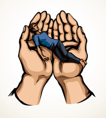 The exhausted man in praying hands. Vector drawing