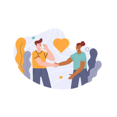 Racial justice, happy man and woman in casual clothes with different skin color with a heart in the middle vector illustration for website