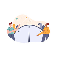 Racial justice, happy man and woman in casual clothes with different skin color with a huge clock in the middle, male and female person with a meter inbetween vector illustration for website