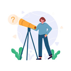 Search not found, woman standing next to a telescope highlighting a circle with a question mark vector illustration for website