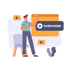 Subscribe, happy man in casual clothes standing and showing a monitor with a subscribe button vector illustration for website