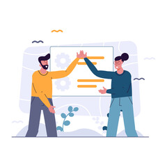 Teamwork, happy man and woman in casual clothes doing high five, successful team project vector illustration for website