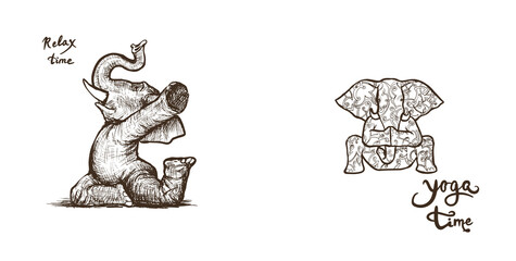 elephants doing yoga in various poses illustration in the style of engraving