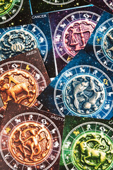 zodiac signs and symbols and horoscope like astrology concept and full frame astrological background 