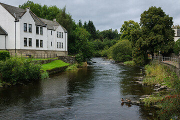 Fototapeta na wymiar Houses near to the river bank in Dunblane, Stirling, Scotland