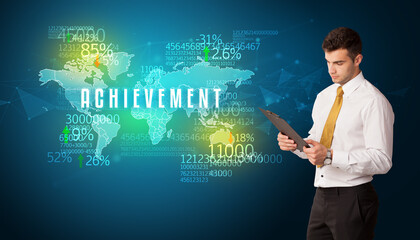 Businessman in front of a decision with ACHIEVEMENT inscription, business concept