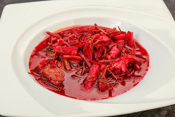 Russian traditional Borsch soup with cabbage