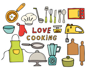 Colorful flat cooking utensils illustrations collection. Set of cooking utensils icons
