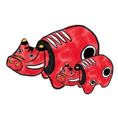 2つの赤べこ　水墨画風イラスト