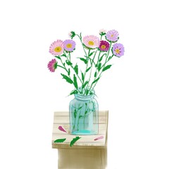 A bouquet of autumn flowers in a glass jar on a stool, isolated white.