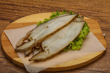 Delicous smoked halibut slices snack