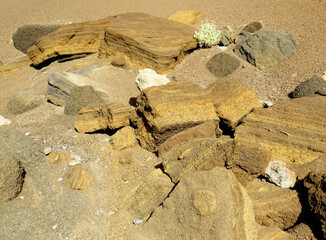 Set of ocher-colored volcanic rocks of different shapes and sizes in a natural environment....