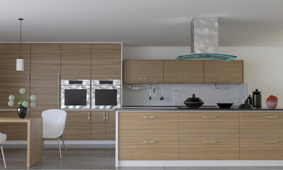 3d rendering of new wooden kitchen cabinet