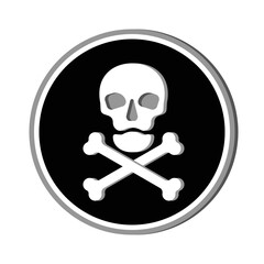 Human skull in full face and crossbones. Isolated illustration in flat style on the black circle. Poison sign and symbol for design. An image of danger to humans. Icon of hazard to life