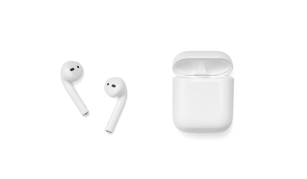 Belgrade, Serbia - July 2020. Apple AirPods 2 on a white background. Wireless headphones and charging case, including clipping path