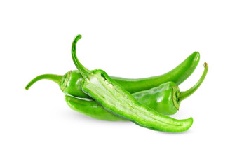 fresh green cut chili pepper pieces on a white background