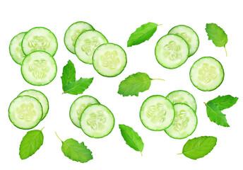 Fresh cucumber and leaf top view on white background