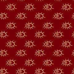 Seamless pattern with hand drawn outline eyes on dark red background. Vector illustration.