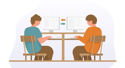 Obraz na płótnie Canvas Businessmans sitting on office chair at a desk. They looking at the monitor and typing on keyboard. Color vector cartoon illustration. Concept for business team solution in partnership.