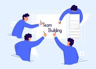 Businessmans writing together team building . Color vector cartoon illustration. Concept for business solution in partnership.