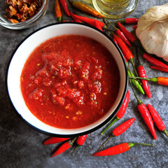 Traditional Arabic sauce-pasta Maghreb, harissa homemade. It is based on hot chili pepper. Tunisia and Georgian cuisine ajika. The composition includes garlic, olive oil, sea salt, chili pepper.