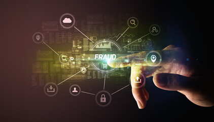 Hand touching FRAUD inscription, Cybersecurity concept