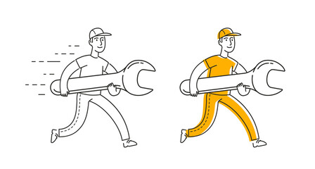 Repair symbol. Mechanic running with wrench. Logo vector illustration
