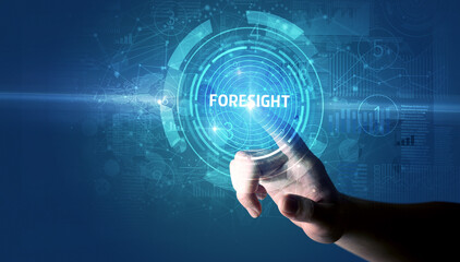 Hand touching FORESIGHT button, modern business technology concept - obrazy, fototapety, plakaty