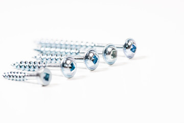 Screw on white background. Macro carpentry tool