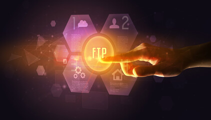 Hand touching FTP inscription, new technology concept