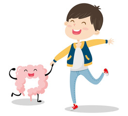 A cute cartoon boy is laughing with large intestine