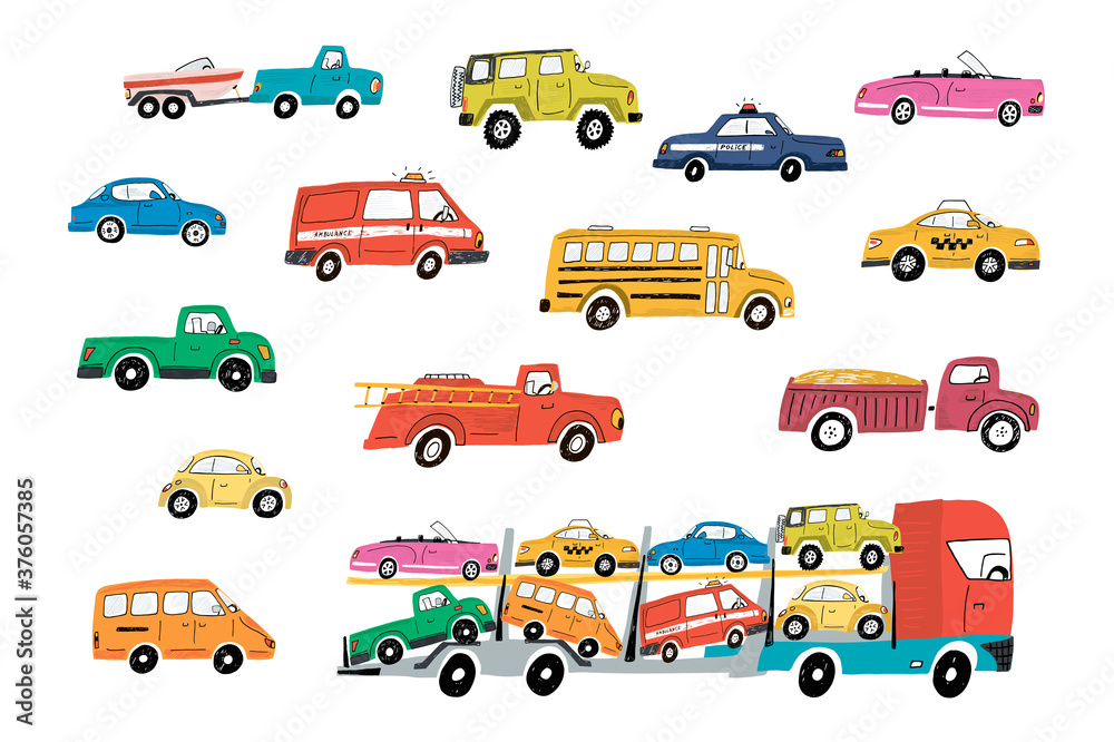 Canvas Prints cars on the city road hand drawn vector doodle illustrations set