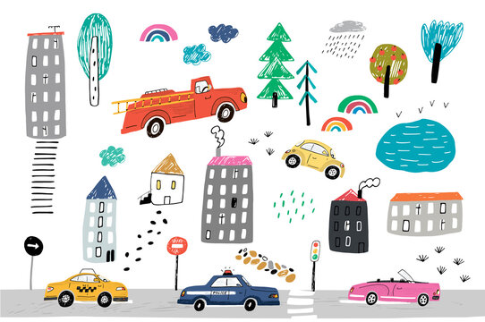 Cars and the city objects: road, house, tree hand drawn vector doodle illustrations set