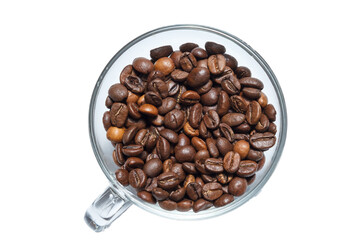 transparent cup full of roasted coffee beans on a white background.