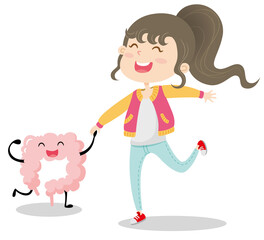 A cute cartoon girl is laughing with large intestine