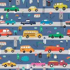 Fototapete Autorennen Cars on the city road hand drawn vector doodle illustrations seamless pattern