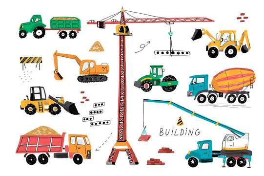 Construction Machines Building Hand Drawn Doodle Cartoon Vector Seamless Pattern