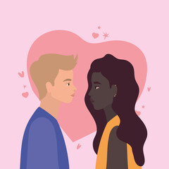 couple of black woman and blond man in side view in front of heart vector design