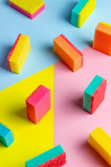 Fototapeta premium Colored sponges for washing dishes. Mock-up. Cleaning.