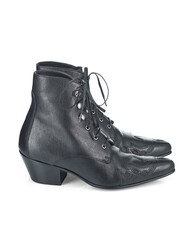 Women's leather half-boots of an old-fashioned style with a beveled heel. Side view.