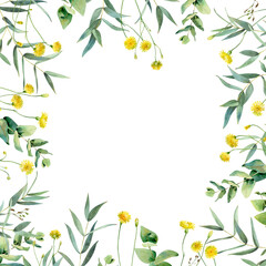 Watercolor background of eucalyptus leaves and dandelion flowers