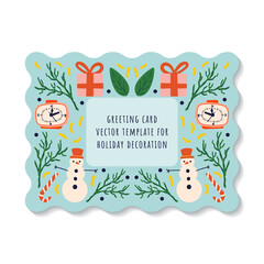 Naklejka premium Greeting card on a blue background with elements of New Year's holidays snowman, clock, gift and lollipop. Printable wavy edges design template. EPS 10 vector file