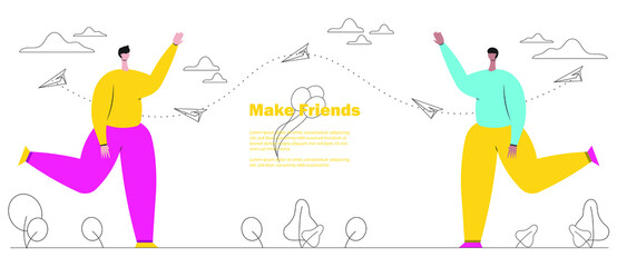 Concept of making friends template with stylish background.Flat cute cartoon character vector illustration.Can be used for web and application design and other desired fields.