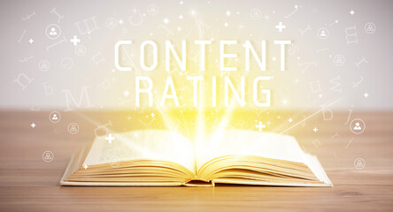 Open book with CONTENT RATING inscription, social media concept