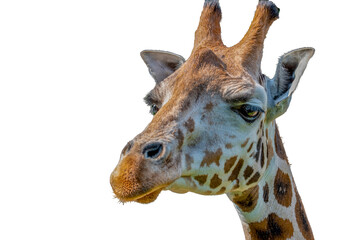 Closeup view of giraffe face . Portrait. Isolaten on white background.