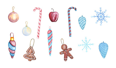 Christmas tree toys watercolor isolated on white background. Balloons, lollipops, gingerbread, cones, gingerbread man, snowflakes, Apple, icing.