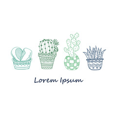 Composition with cute hand drawn house plants in ornamental pots. Doodle style. Vector