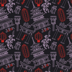 Seamless pattern with cute hand drawn Japanese lanterns, pagoda, torii and sacura. Vector collection