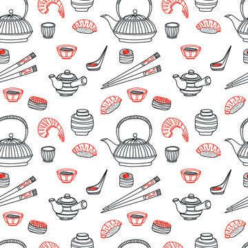 Seamless Pattern With Japanese Related Hand Drawn Icons Including Teapots And Food. Doodle Vector Japanese Related Collection