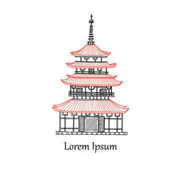 Japanese related hand drawn icon of pagoda. Doodle. Vector